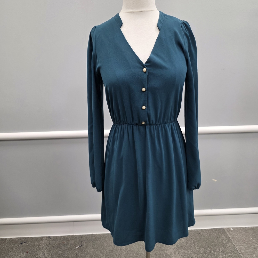 Everly Teal Buttoned Long Sleeve Dress